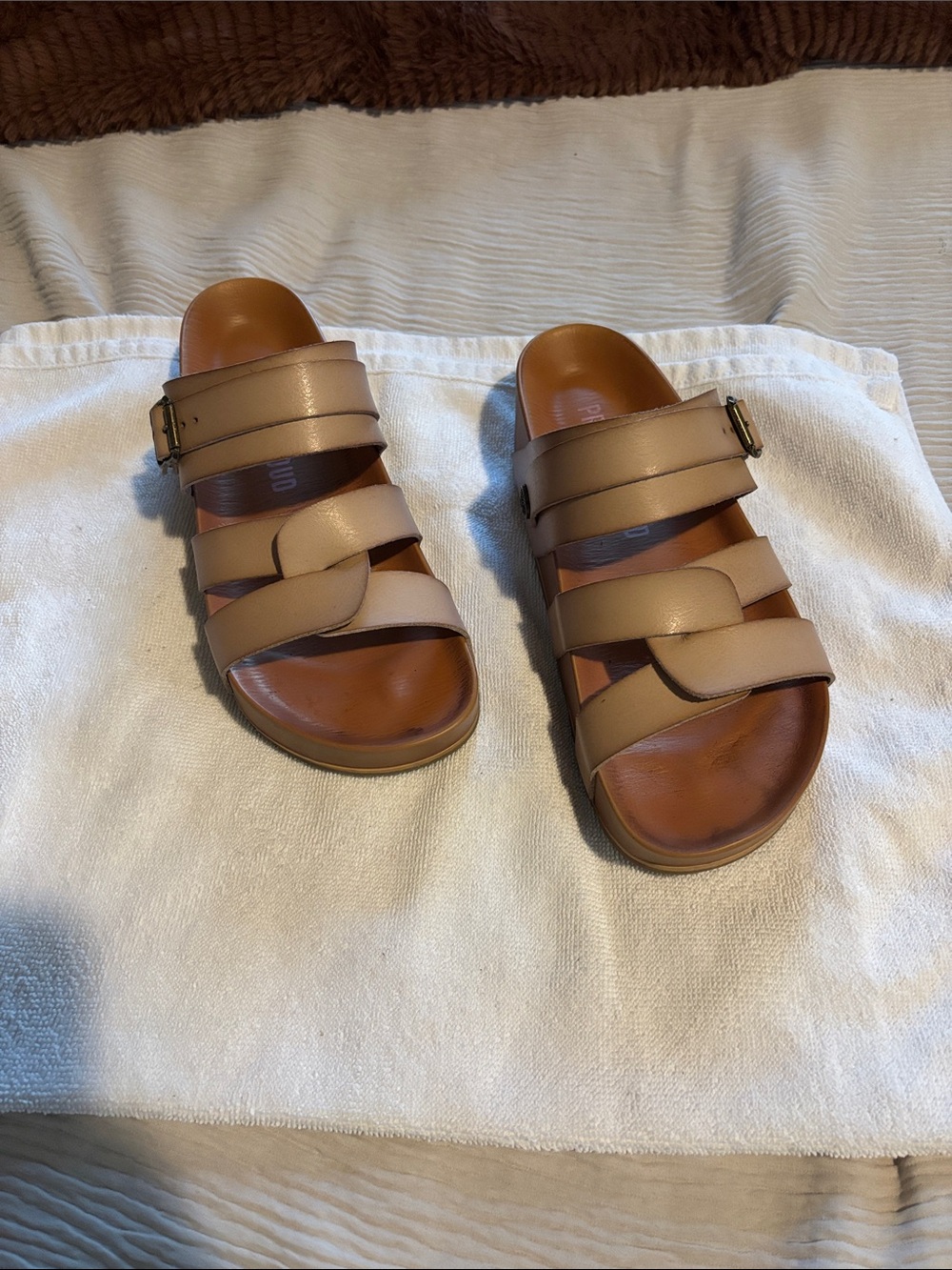 Women’s Tan Triple-Strap Slide Sandals - Classic Comfort